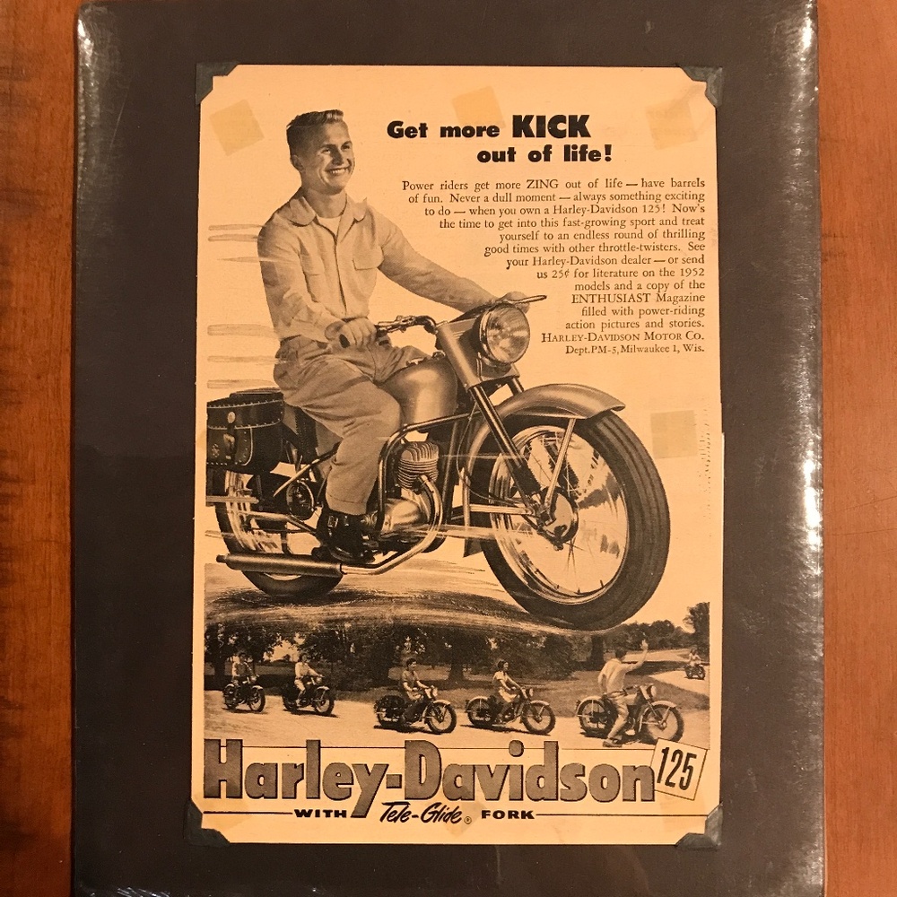 HARLEY-DAVIDSON VINTAGE 1952 HD 125 TELE-GLIDE MOTORCYCLE AD